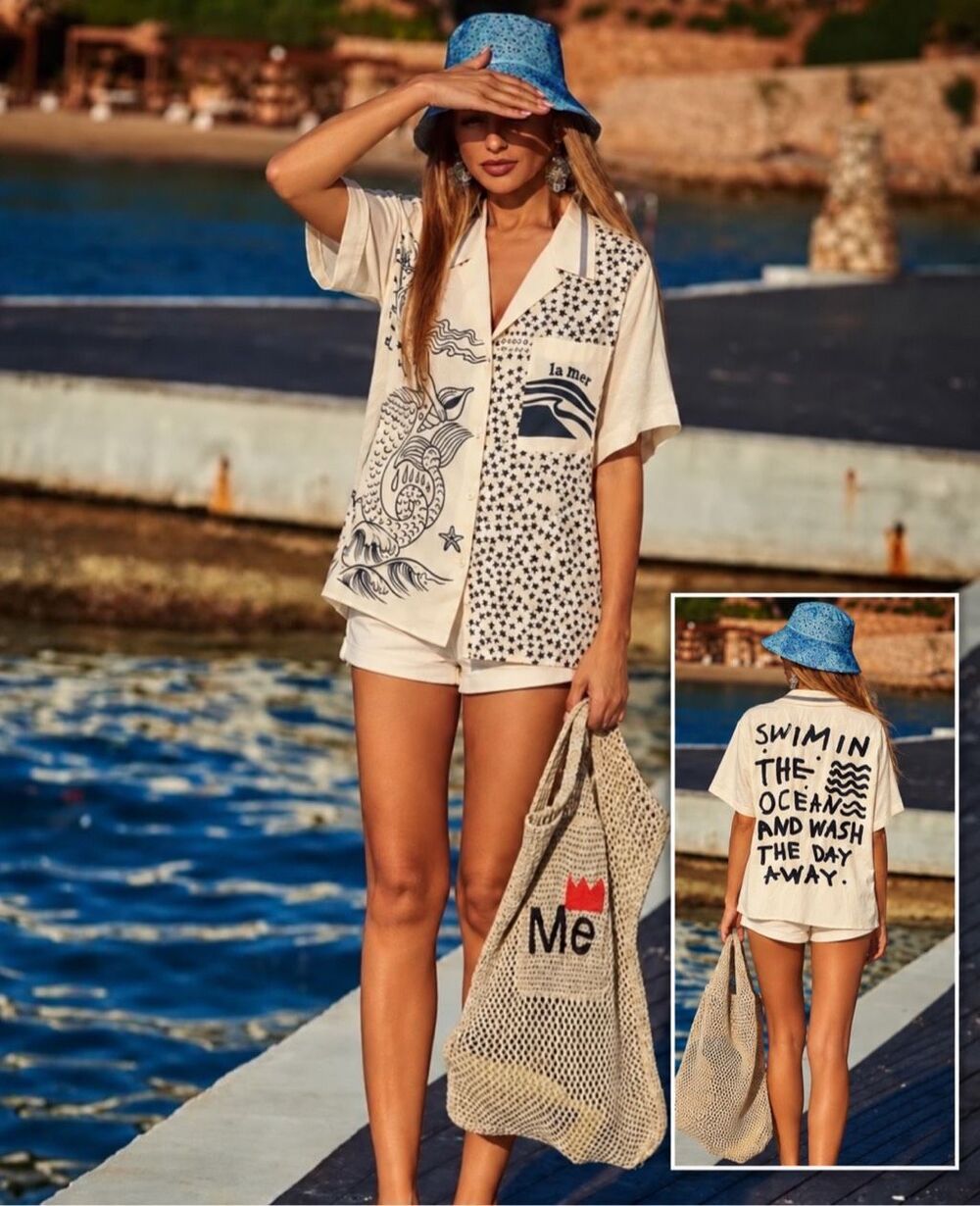 ME369 Lilian Knit Collar Mermaid Shirt | Oversized Resort Button Down Lrg D9 $30